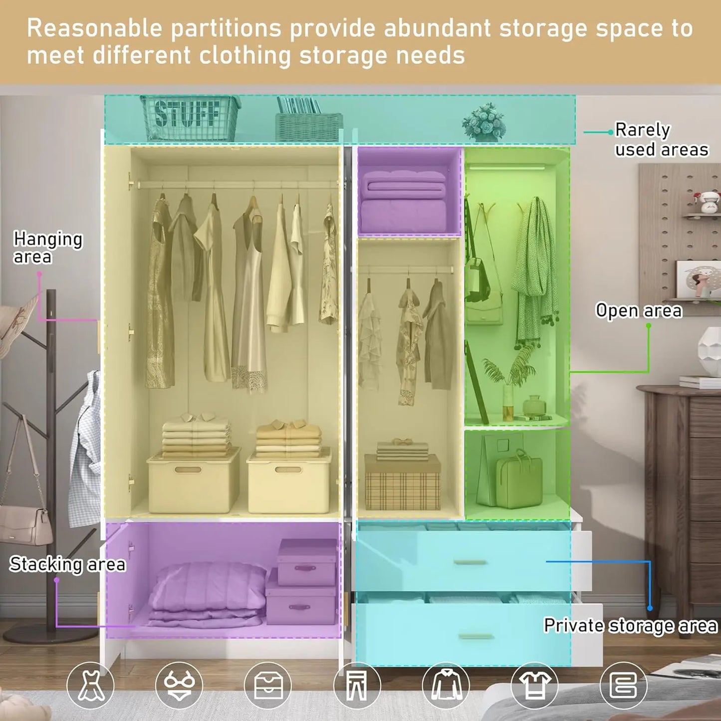 Modern Wooden Armoire Wardrobe with Mirror Sensor Light