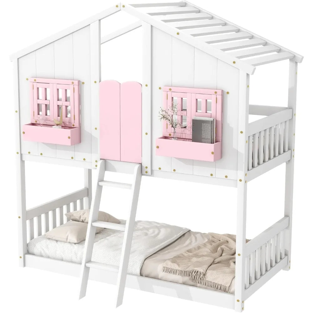 Floor House Bunk Bed with Low Bunker Bed Twin Over Twin