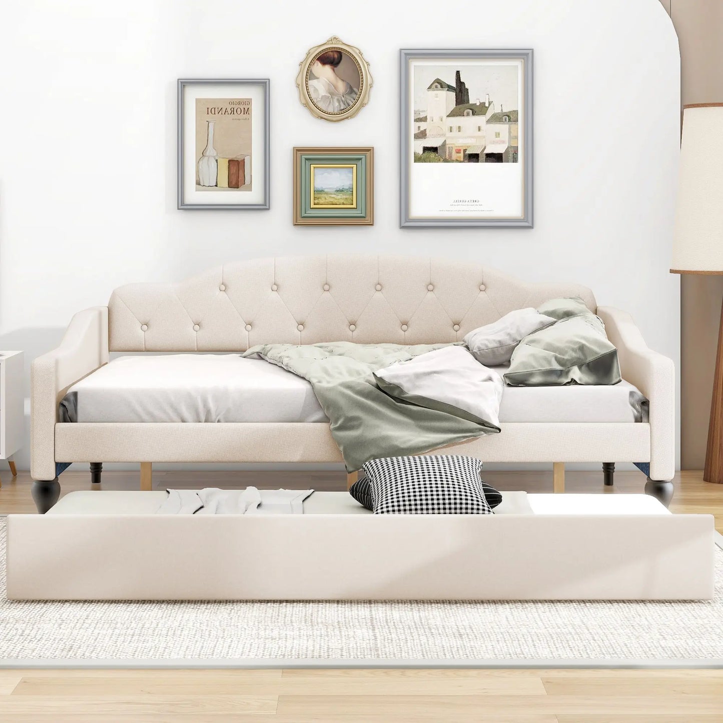 Full Size Beige Upholstered Tufted Daybed with Twin Size