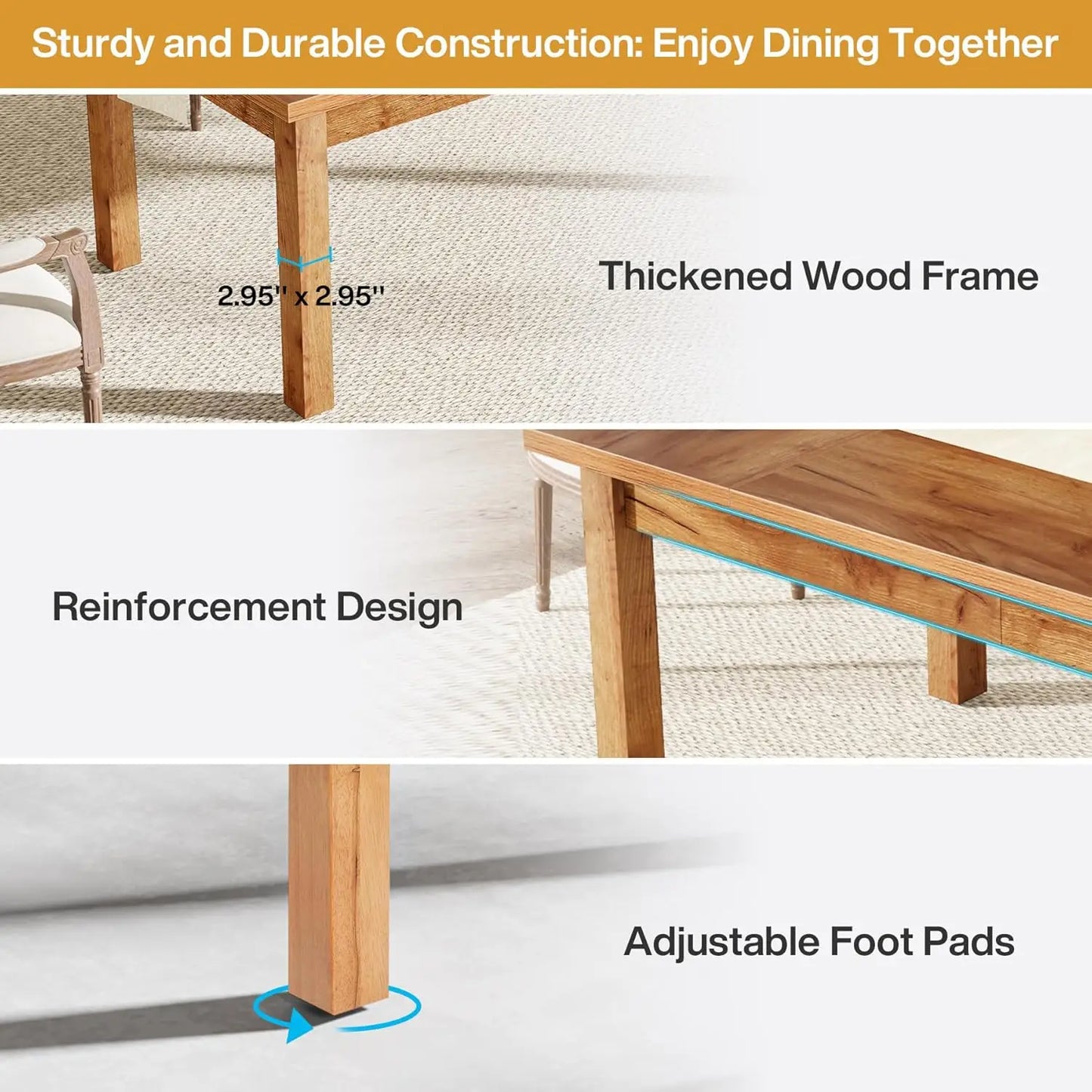 Heavy Duty Large Rectangular Farmhouse Dining Table with Solid Legs