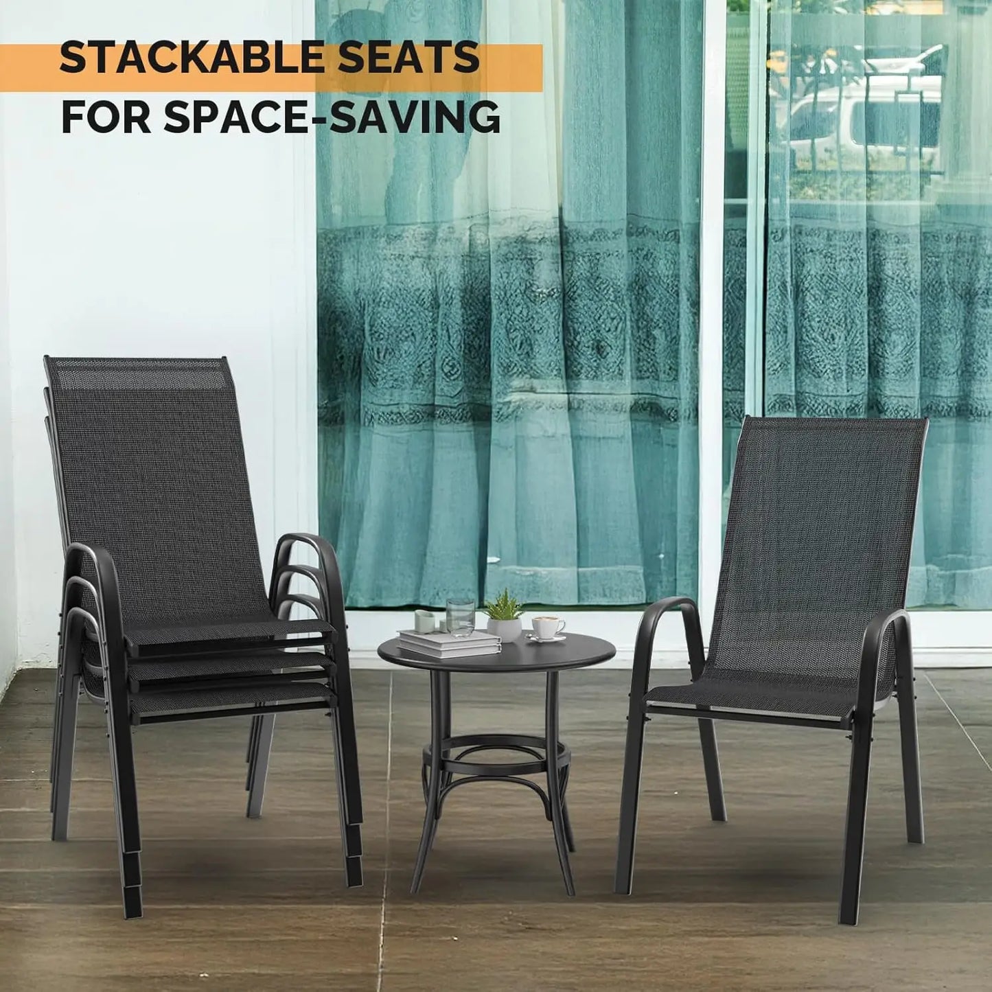 Stackable Outdoor with Comfortable Sling High Back Chairs and Armrests