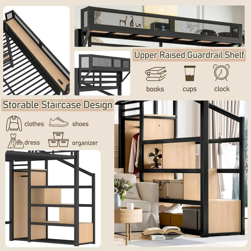 Metal Loft Bed Frame with Storage Stairs, Side Shelf, Wardrobe, USB Ports, and LED Lighting