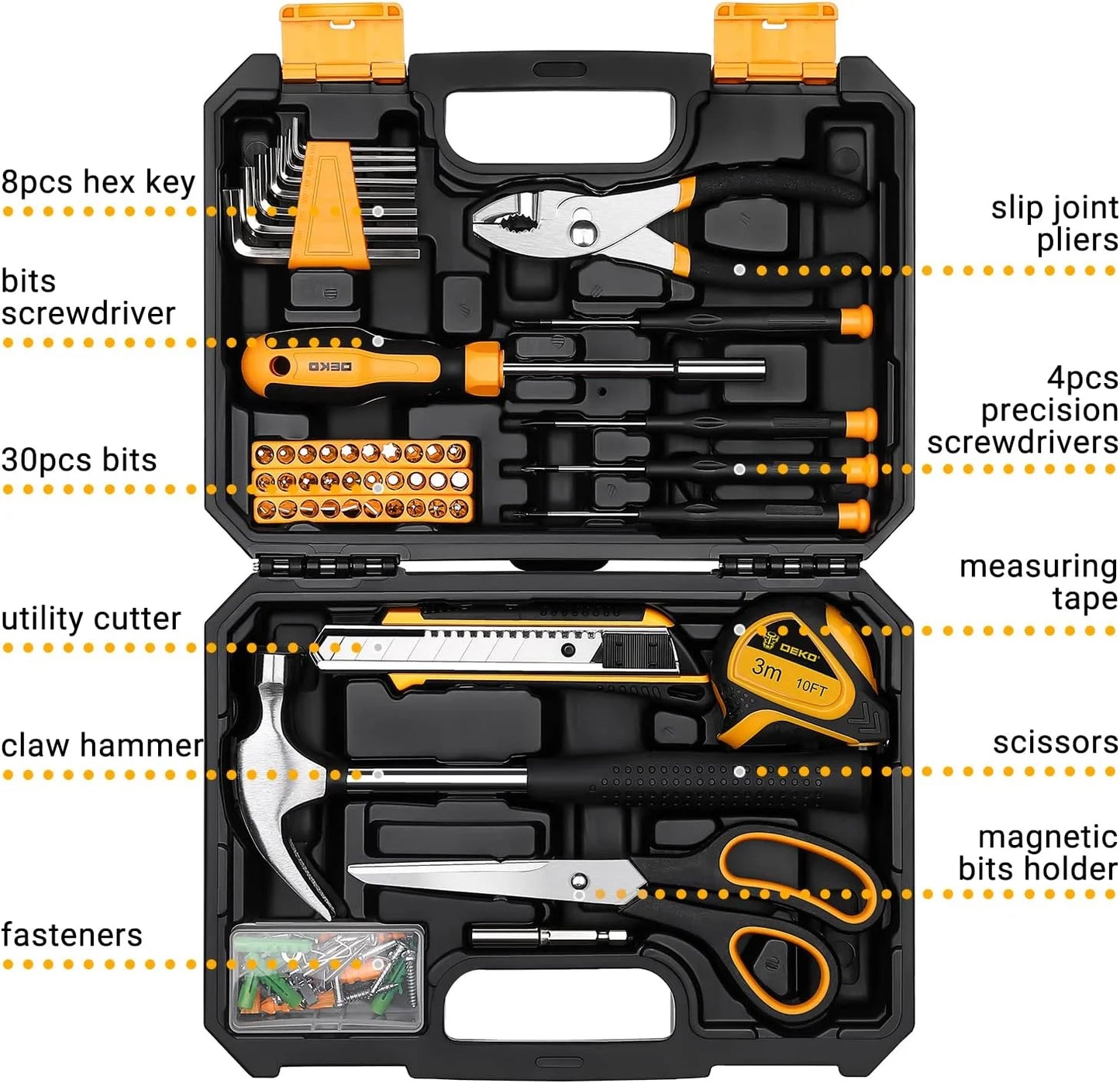 General Household Hand Tool Kit with Plastic Toolbox Storage Case