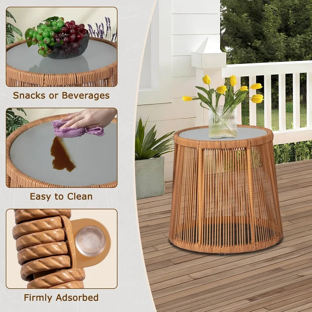 Patio Conversation Set w/2 Large Rattan Chairs and Tempered Glass Table