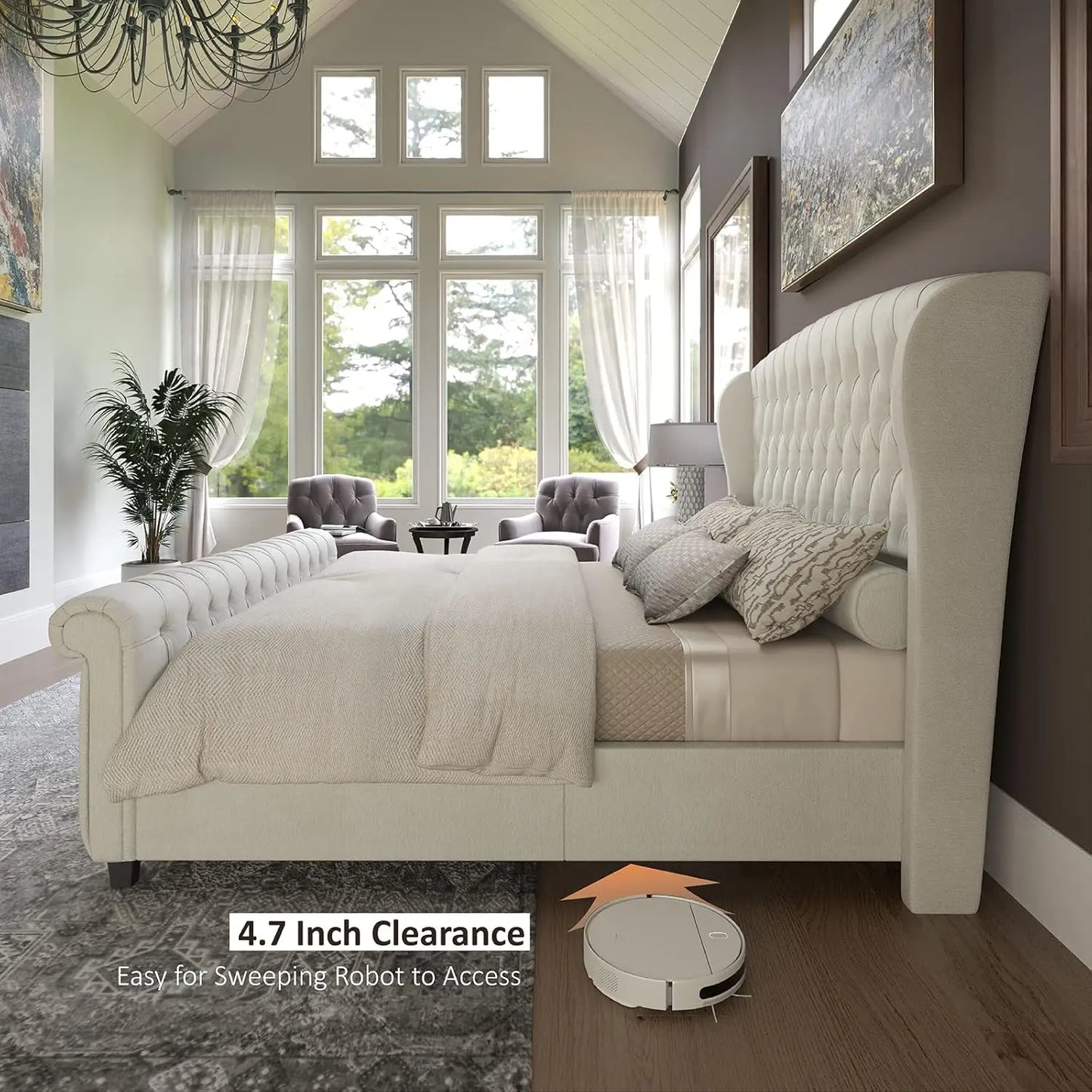 Upholstered Sleigh Bed with Scroll Wingback Headboard & Footboard/Button