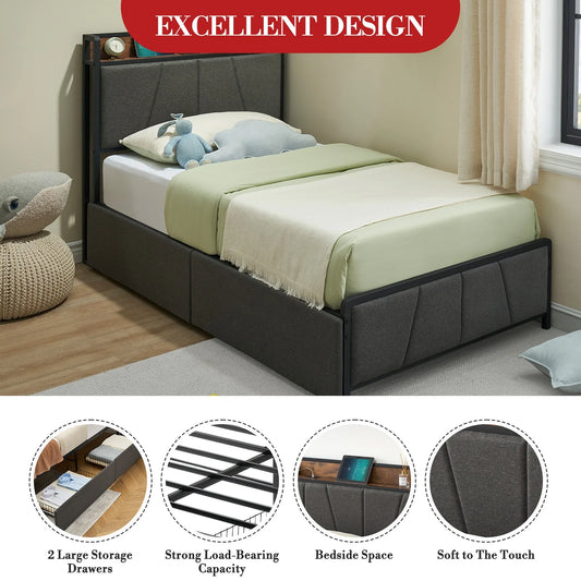 Platform Bed Upholstered in Rustic Linen with Headboard