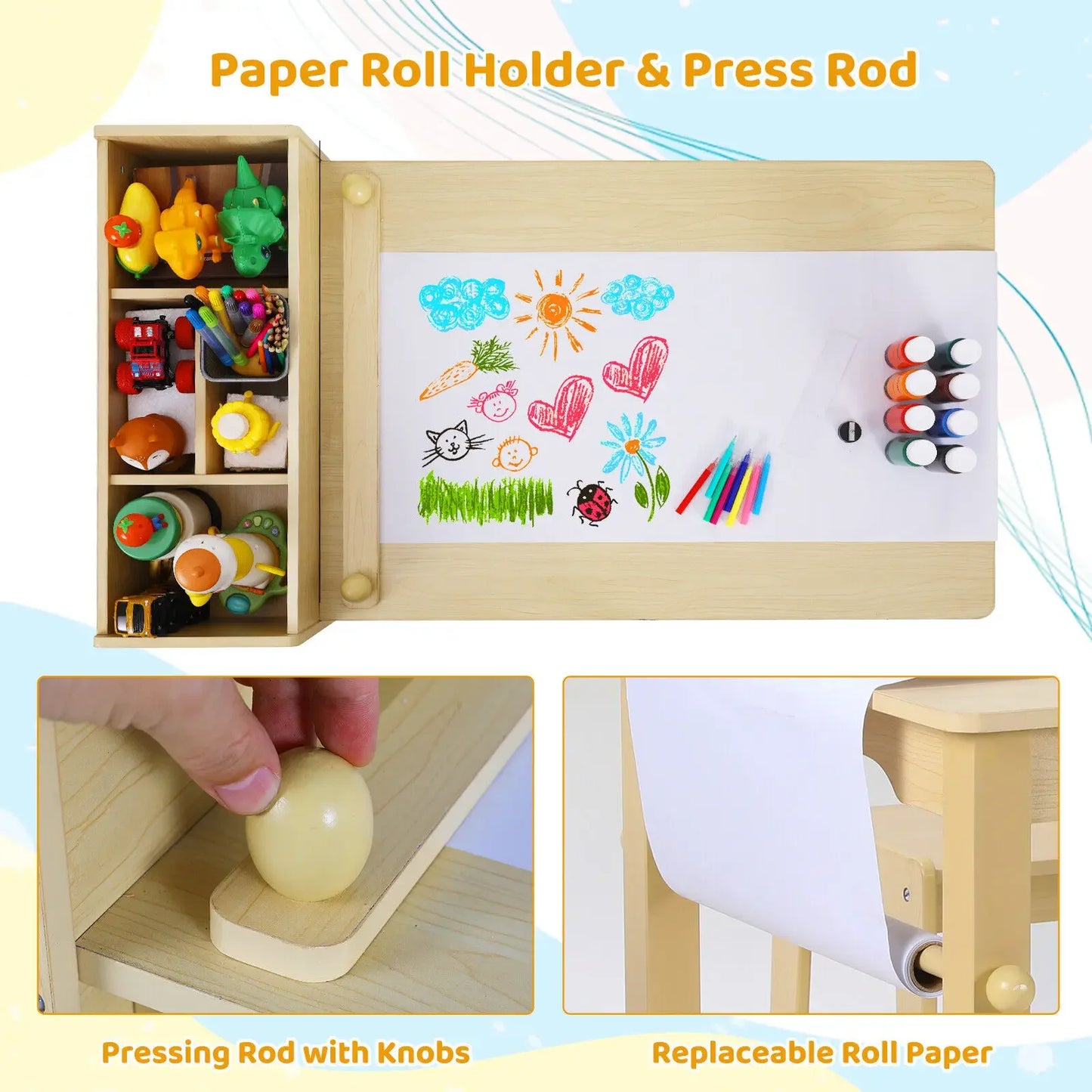 Craft Table with Storage Shelves, Canvas Bins and Paper Roll
