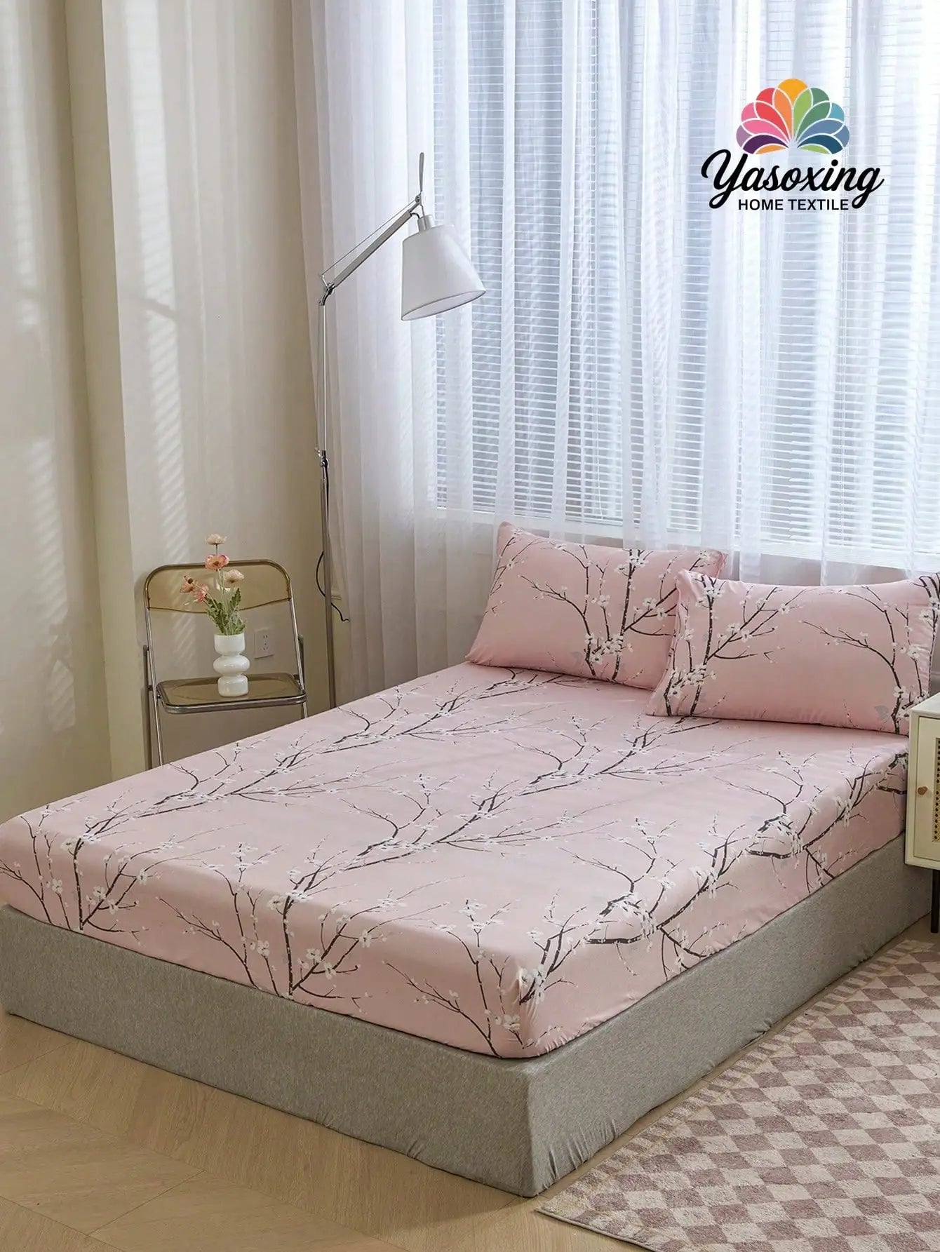 Plum Blossom Printed Fitted Sheet Set