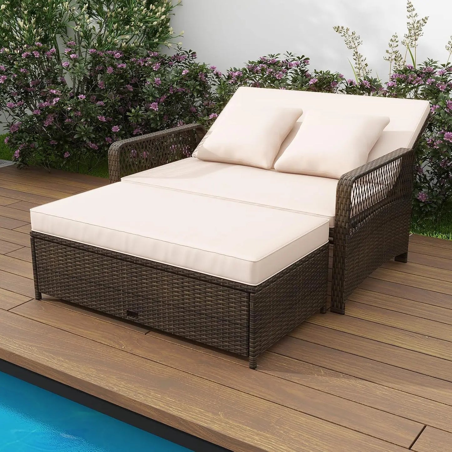 Rattan Daybed Loveseat with Adjustable Backrest & Ottoman and Zipped Cushion