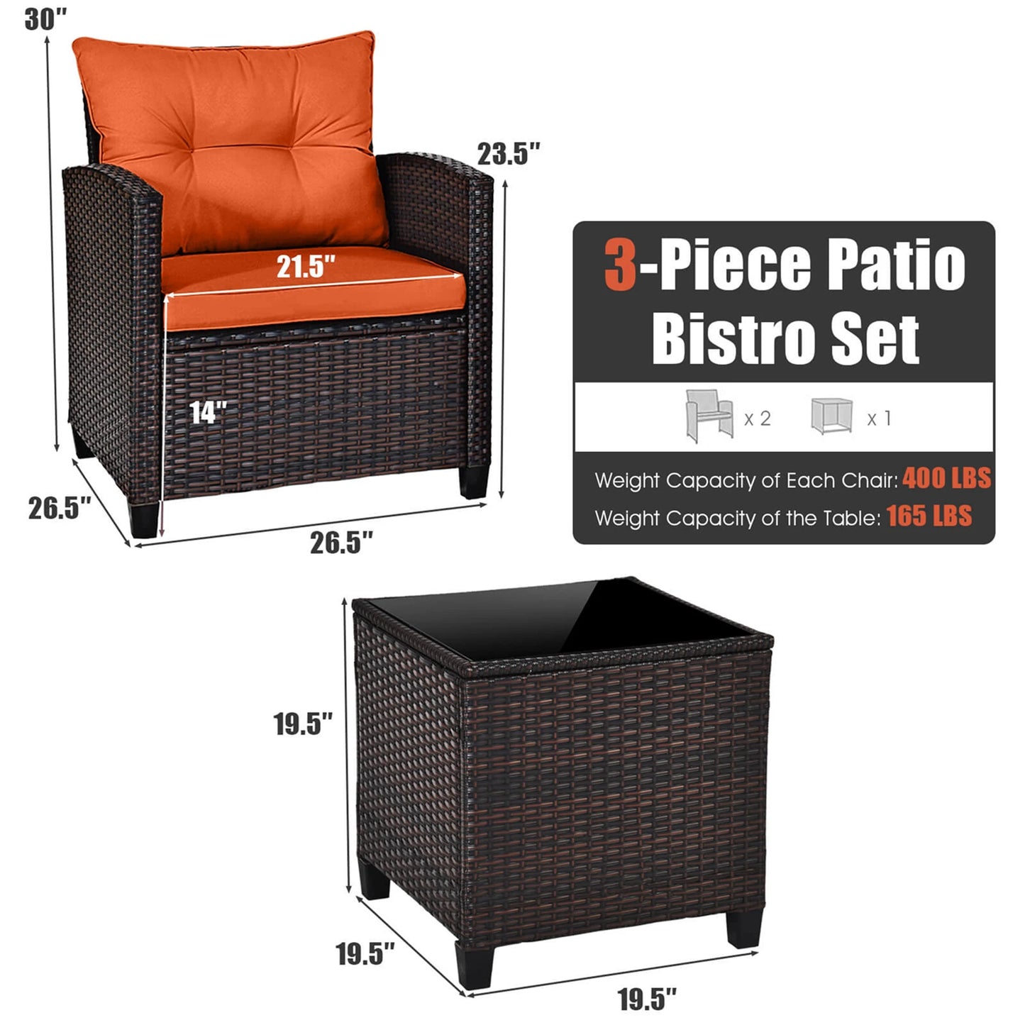 3 PCS Patio Rattan Cushioned Conversation Furniture Set