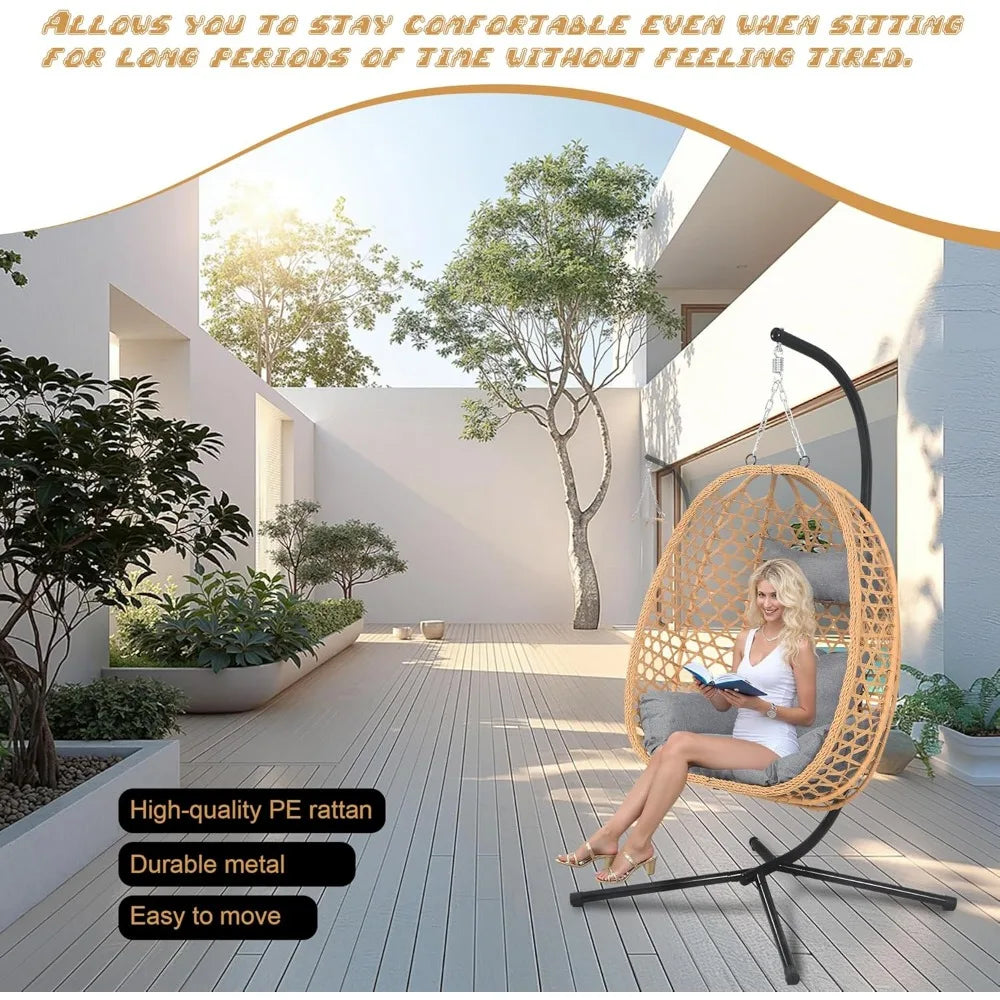 All-Weather Rattan Swing Egg Chair with Stand & Cushions