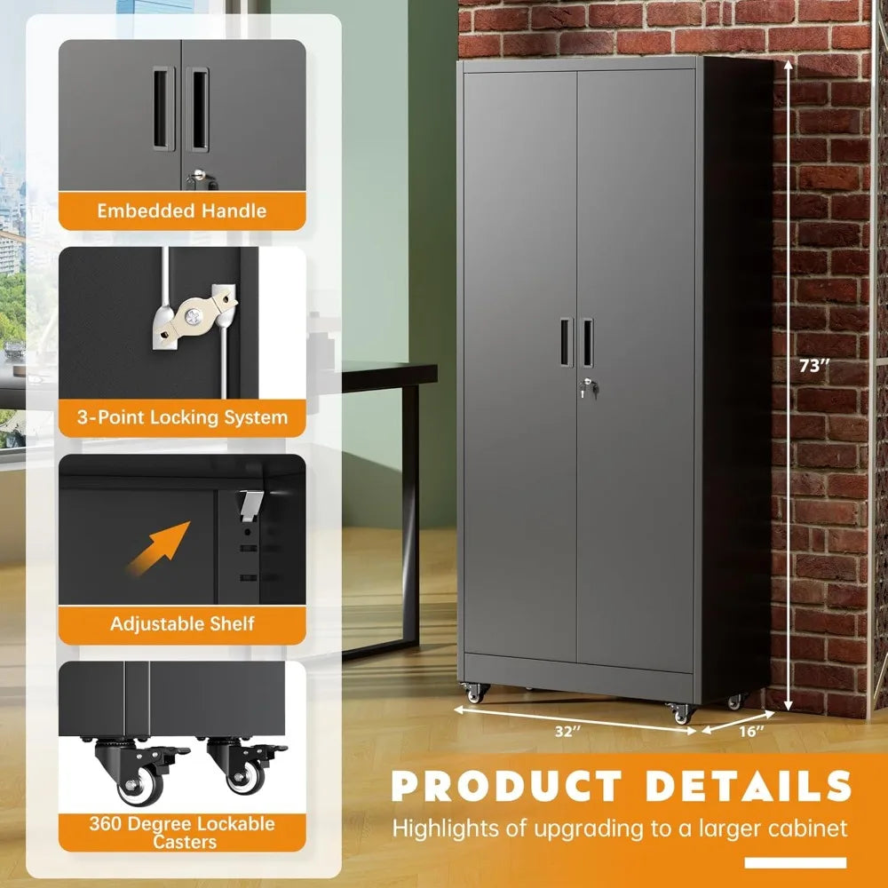 Lockable Rolling Metal Garage Cabinets with 2 Doors and 4 Adjustable Shelves and Wheels