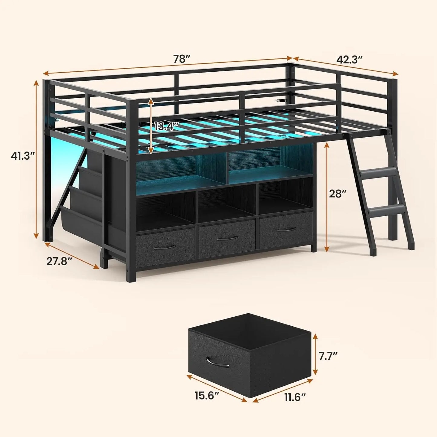 Metal Low Loft Twin Bed, Bookshelf, Cubbies, LED Guardrail, and Ladder
