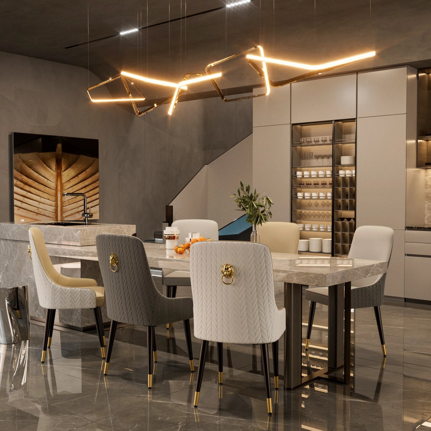 Tufted Back Lion Head Pull Ring Modern Set Dining Chairs