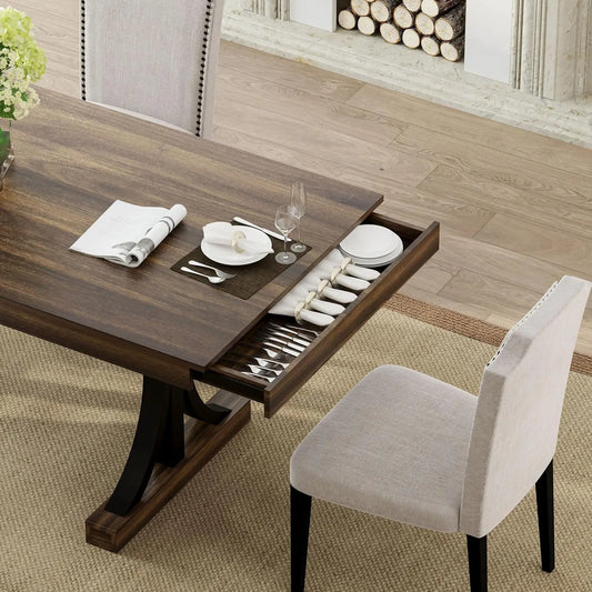 Wooden Dining Table with Rectangular Dining Tabletop & Double Pedestal