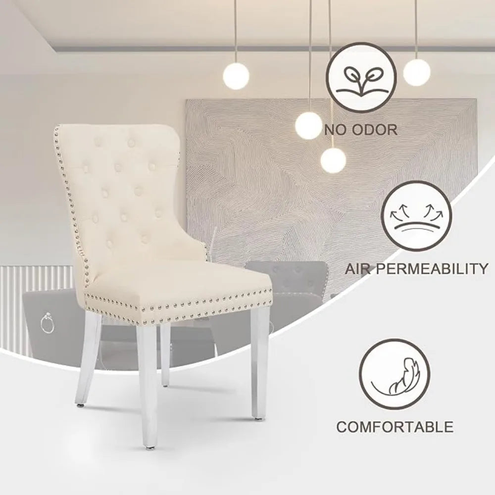 Tufted Upholstered Velvet Dining Chairs with Pull Ring and Stainless Steel Legs