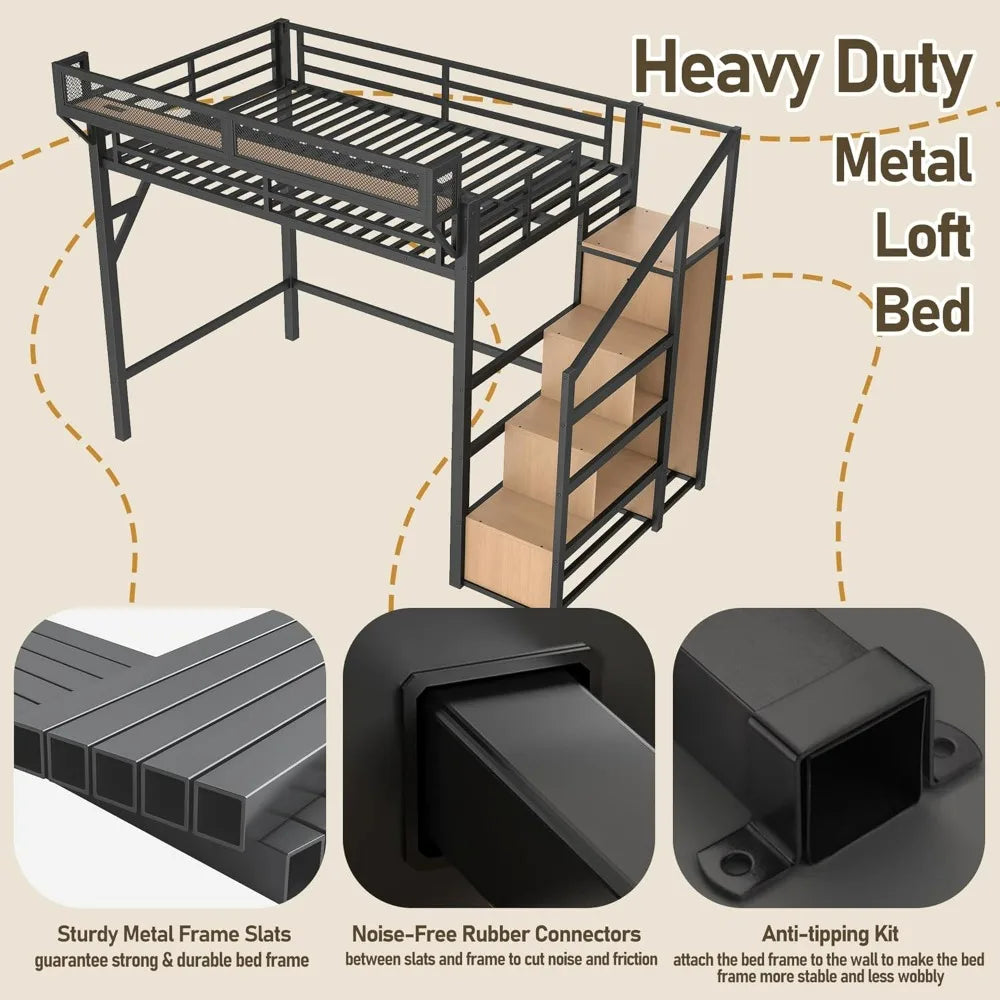 Metal Loft Bed Frame with Storage Stairs, Side Shelf, Wardrobe, USB Ports, and LED Lighting