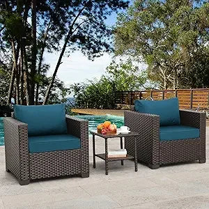 Outdoor Patio Single Sofa Chairs and Glass End Table Set of 2