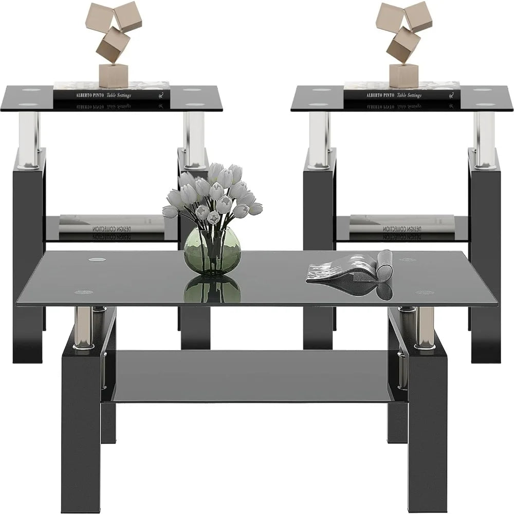 Glass Coffee Table and 2 End Side Tables