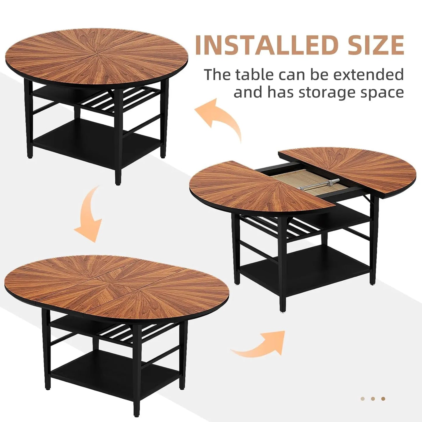 Extendable Round Dining Table with Wine Rack Storage Shelf