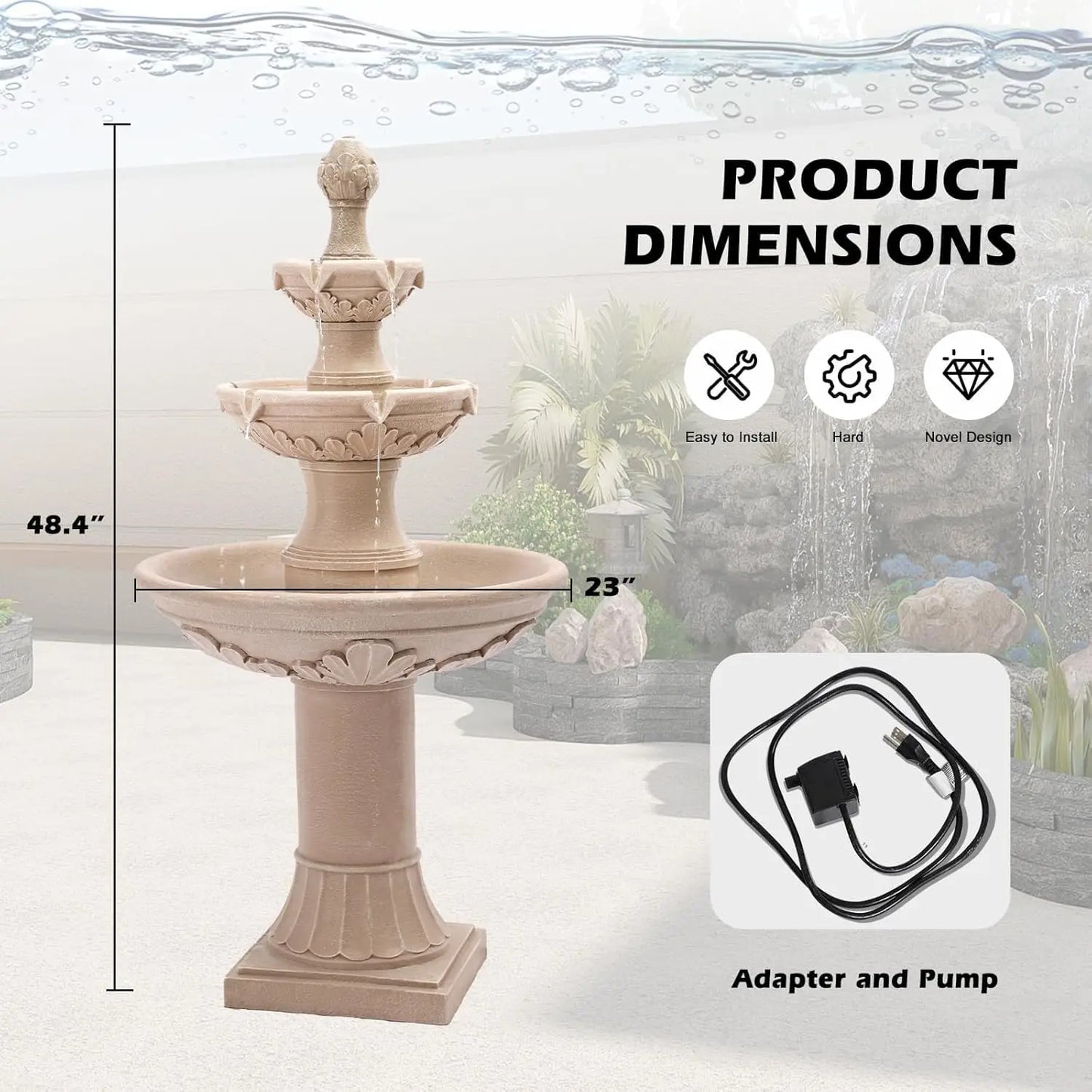Bubbler Floor Waterfall Fountain with Pineapple Top and Pump