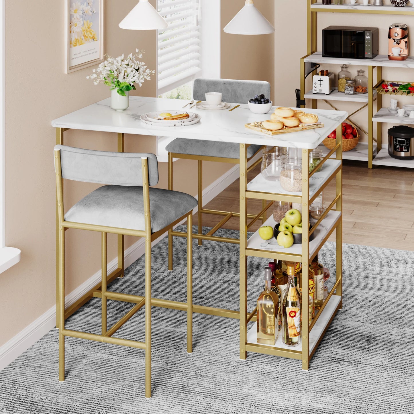 Dining Table and Chairs Set Space-Saving Bar Table with 2 PU Cushioned Stools