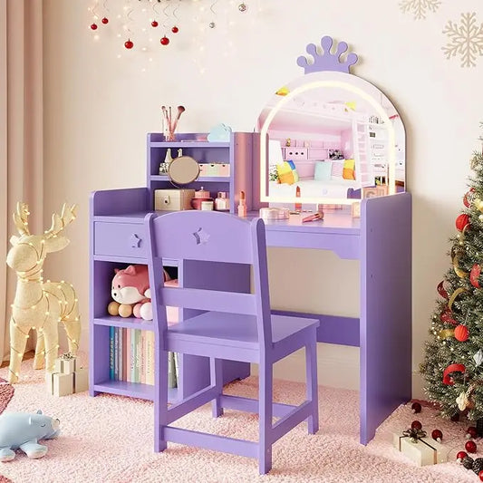 Kids Vanity with Lights, 2 in 1 Princess Makeup Vanity Desk & Chair Set