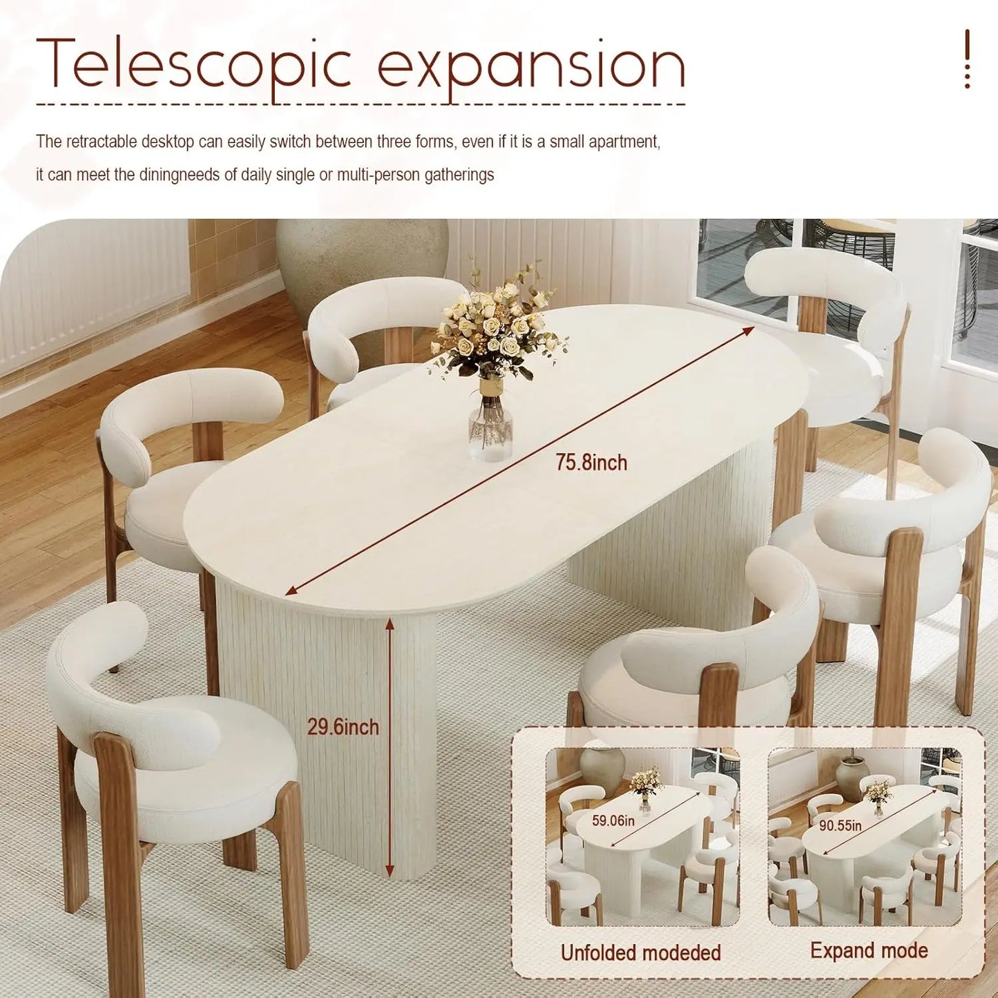 Curved Fluted Base Extendable Oval Dining Table