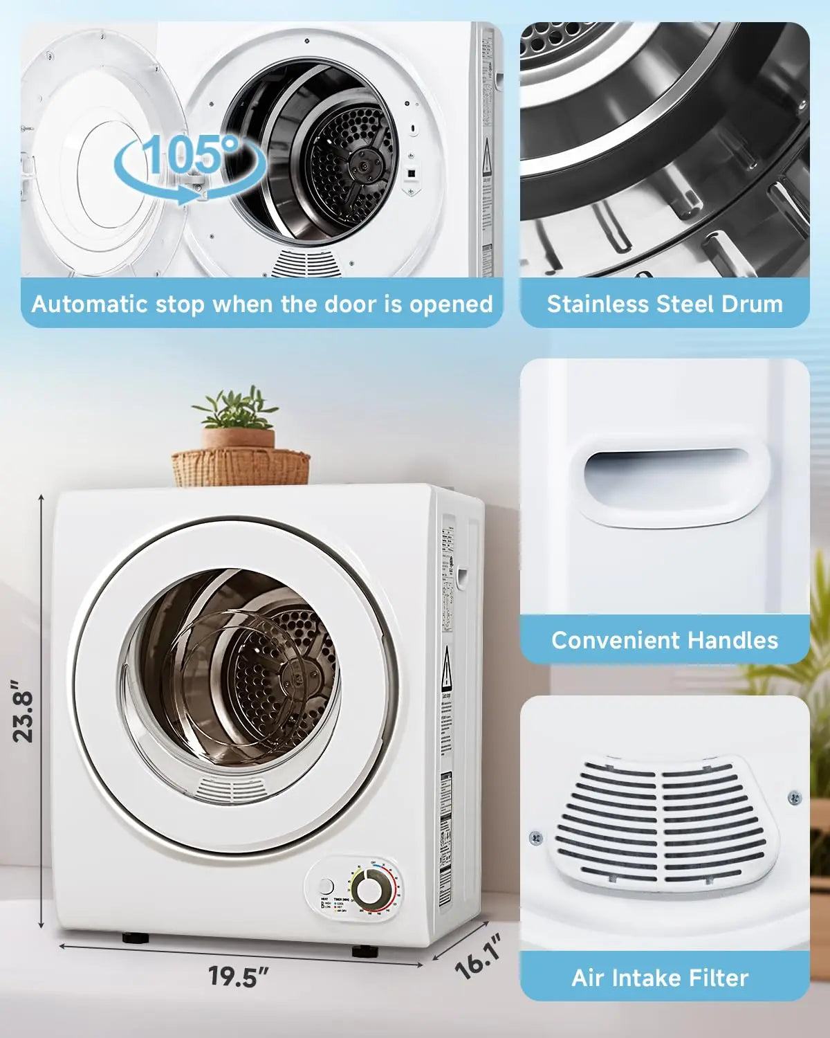 Portable Dryer with Stainless Steel Tub and Simple Control
