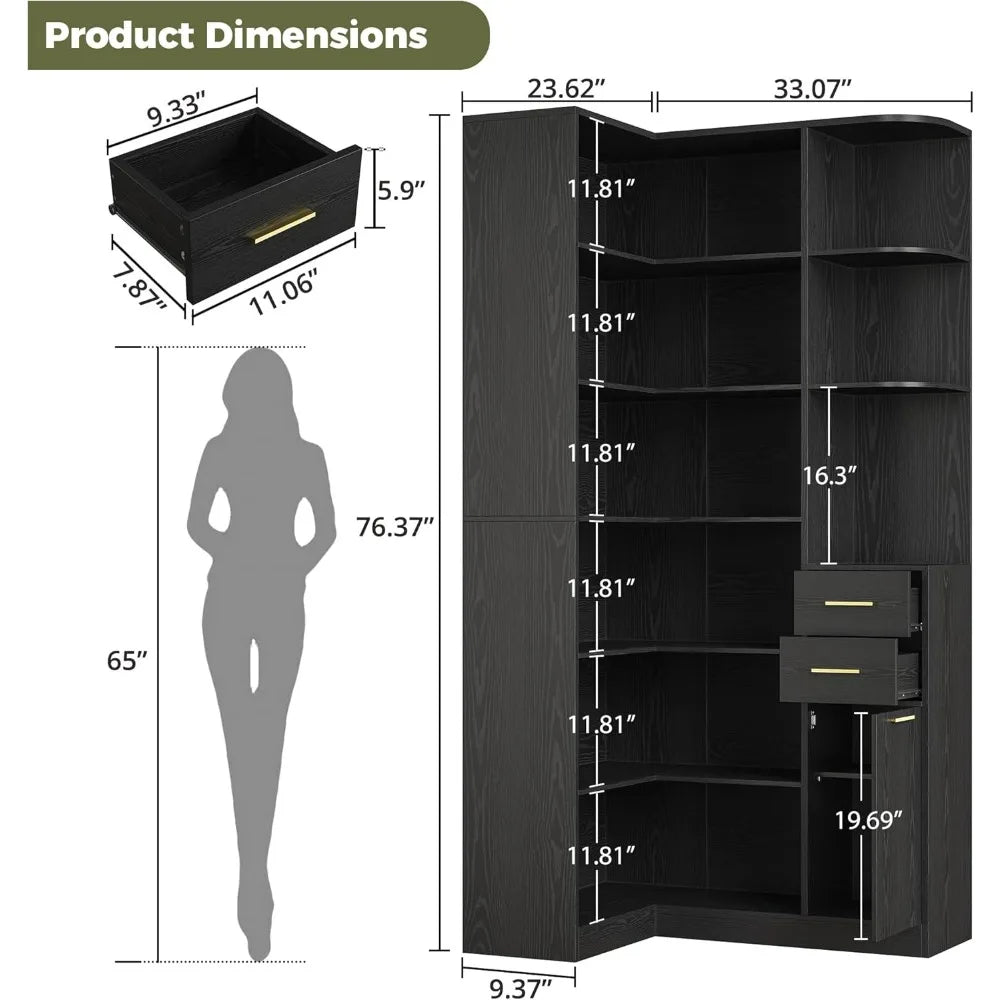 10 Open Shelves and 2 Drawers L-Shaped Corner Bookshelf