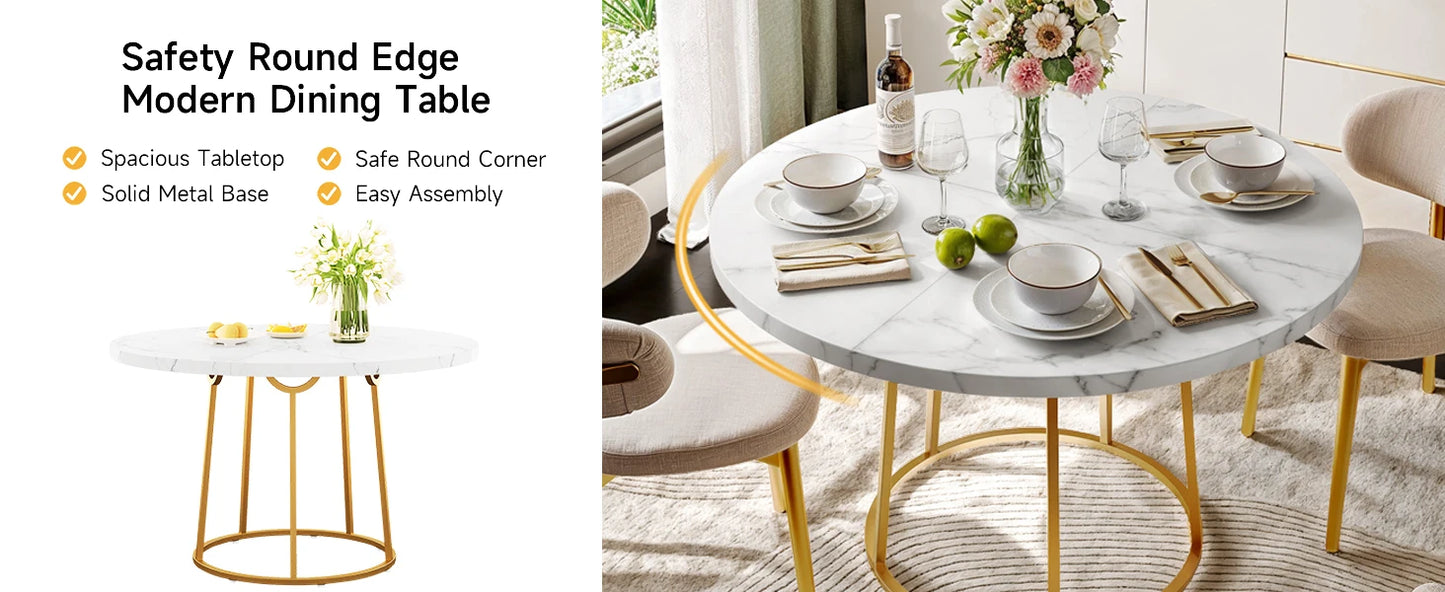 Wooden Round Marble Pattern Table with Gold Base