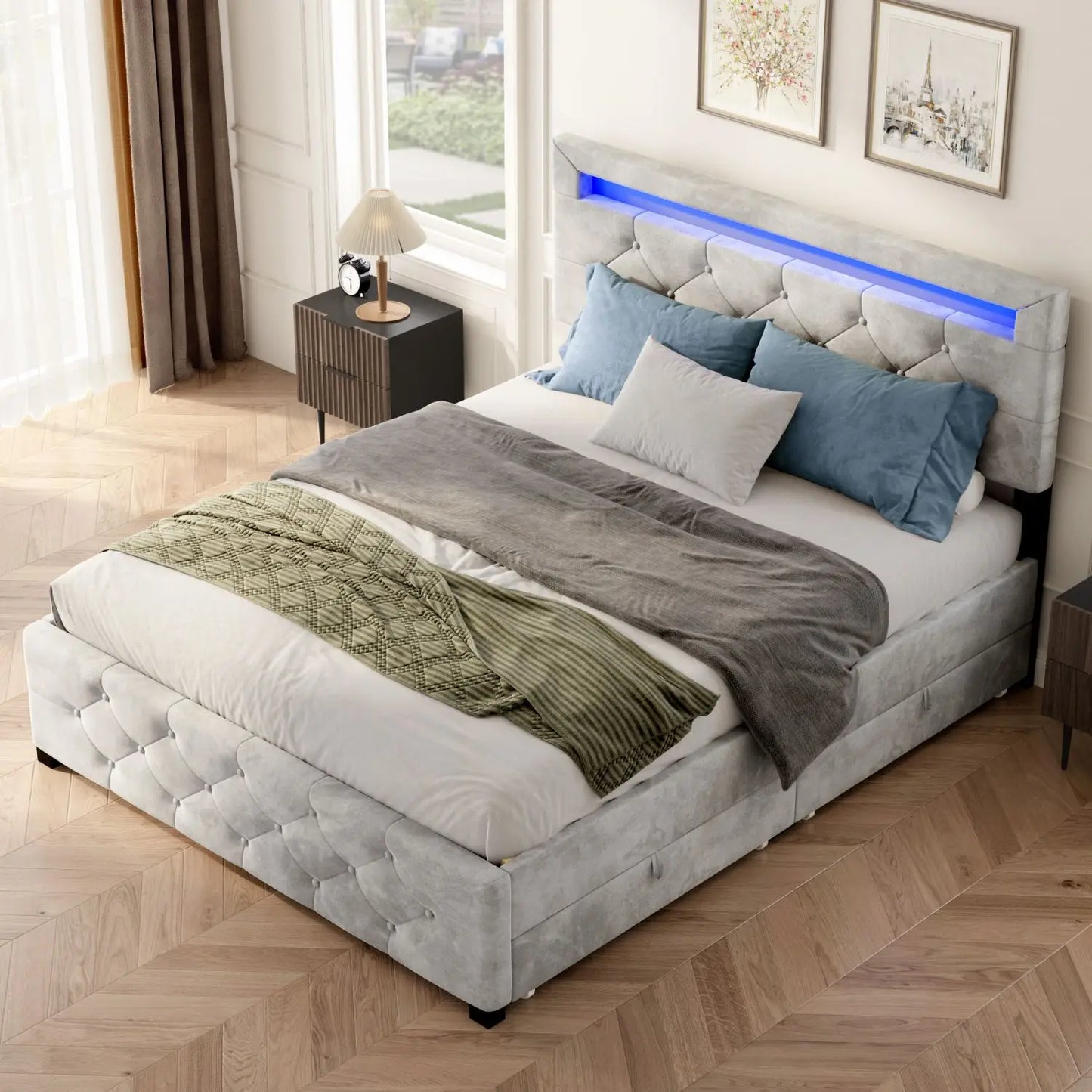 Upholstered Platform Storage Bed Frame with LED Light
