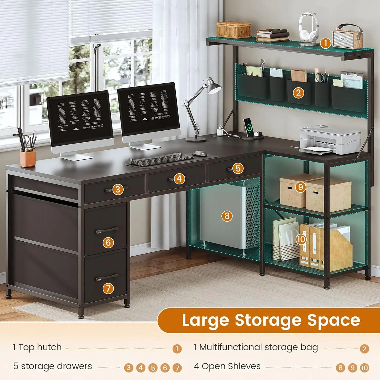 L-Shaped Reversible Computer Desk with Storage Shelves