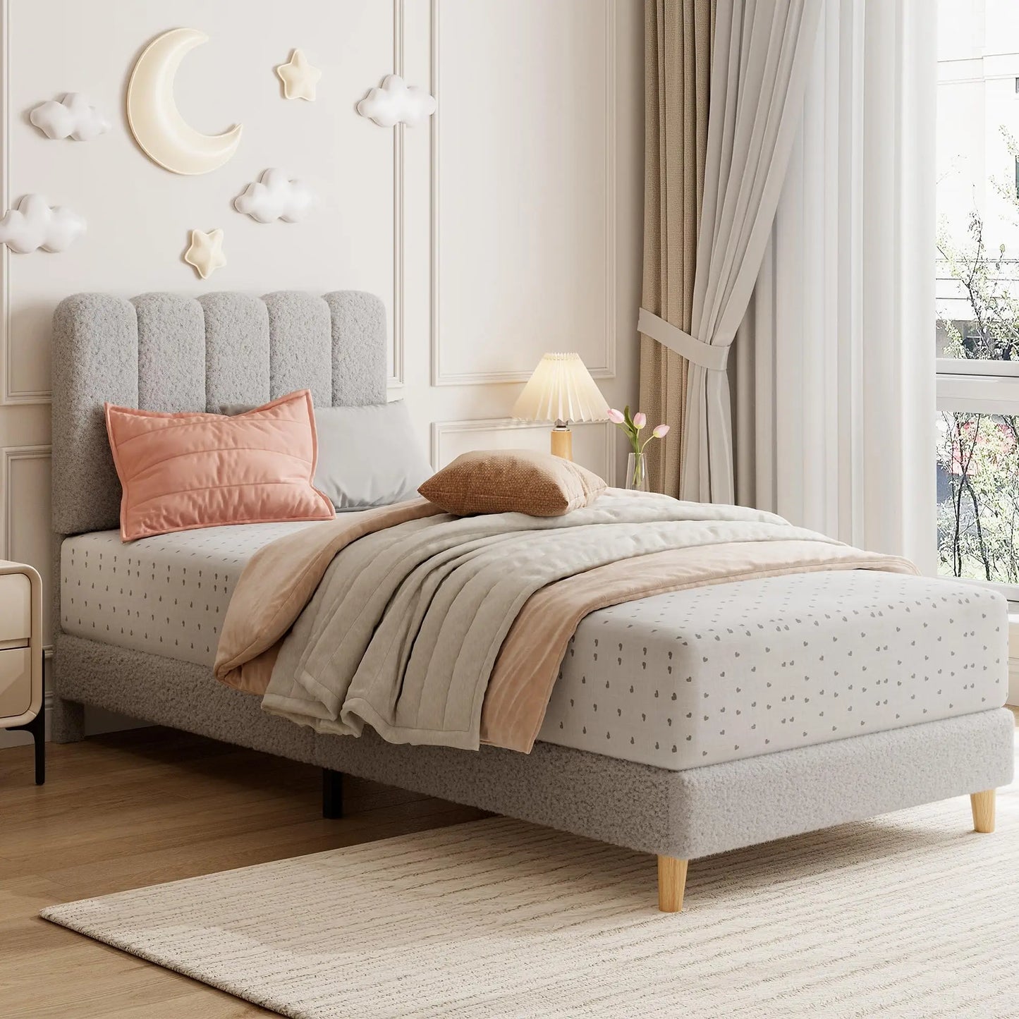 Upholstered Platform Bed Frame with Wave Headboard