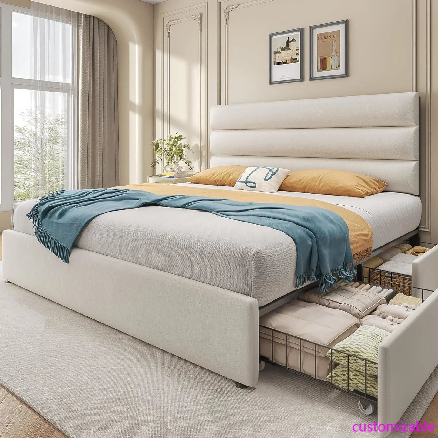 Bed Frame with Storage Drawers with Velvet Upholstered Headboard