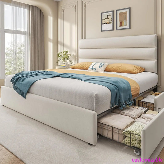 Bed Frame with Storage Drawers with Velvet Upholstered Headboard