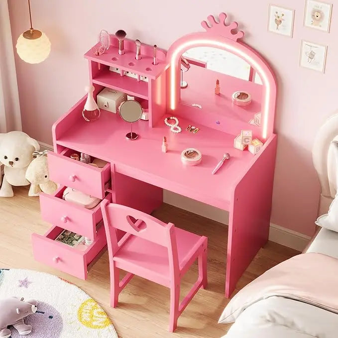 Kids Vanity with Lights, 2 in 1 Princess Makeup Vanity Desk & Chair Set
