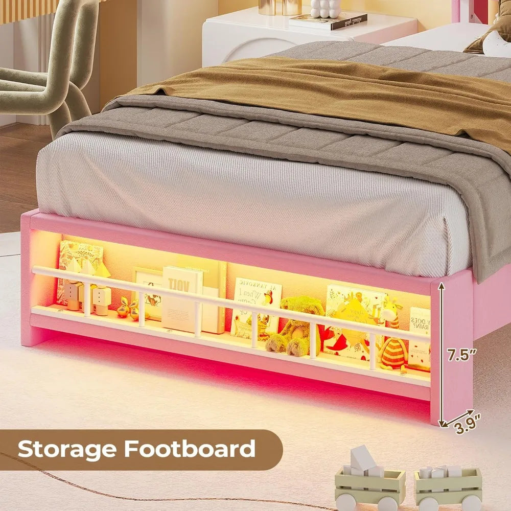 LED Princess Bed Frame with Charging Station and Velvet Upholstered Platform
