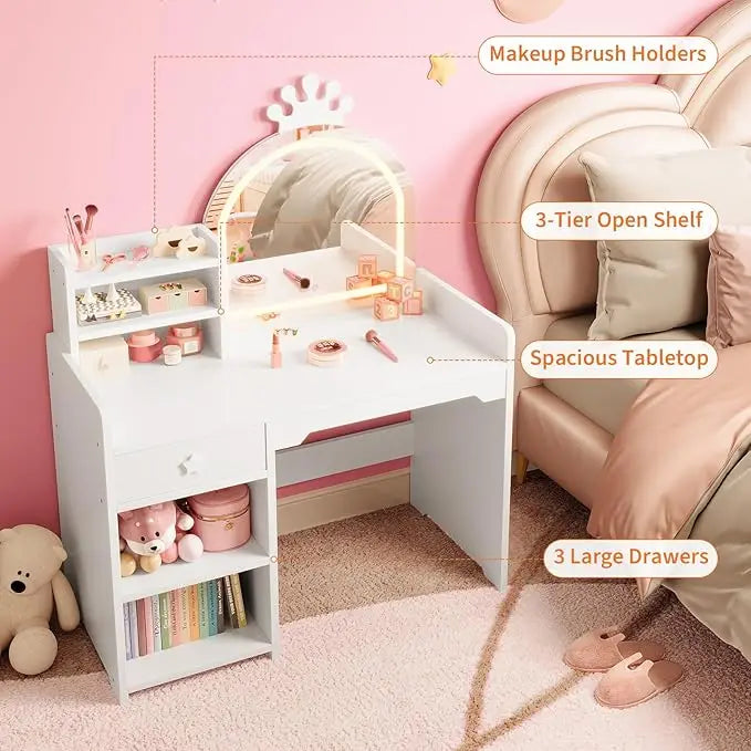 Kids Vanity with Lights, 2 in 1 Princess Makeup Vanity Desk & Chair Set