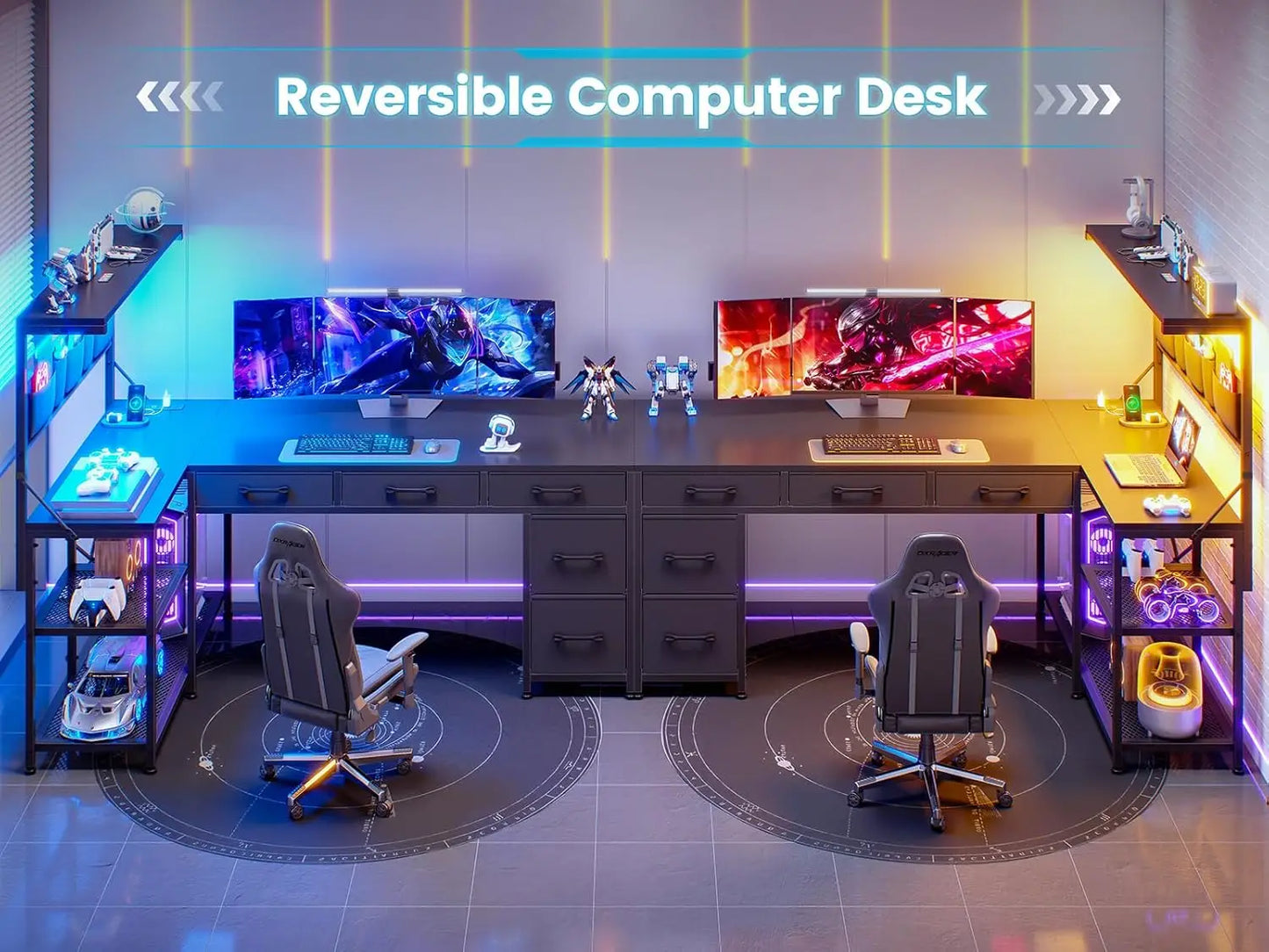 L-Shaped Reversible Computer Desk with Storage Shelves