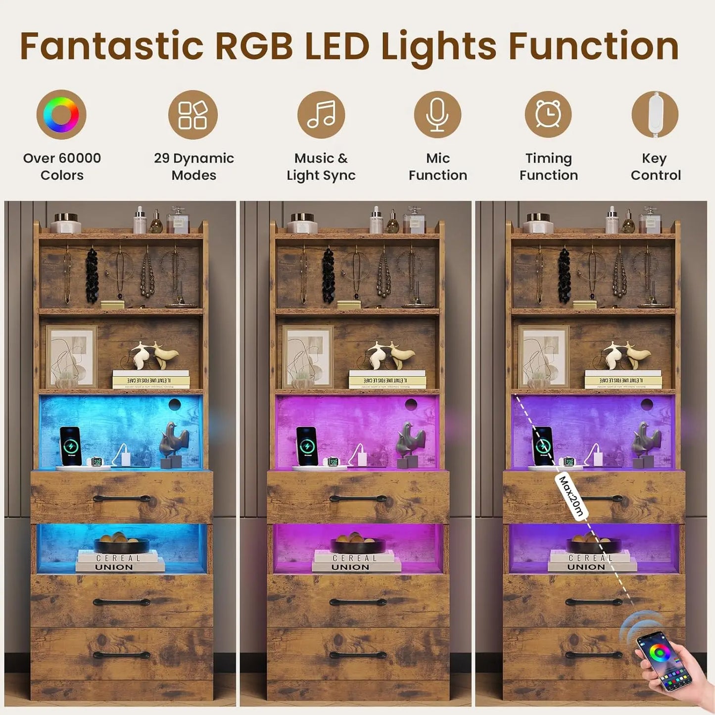 Tall Nightstand with Charging Station and LED Light