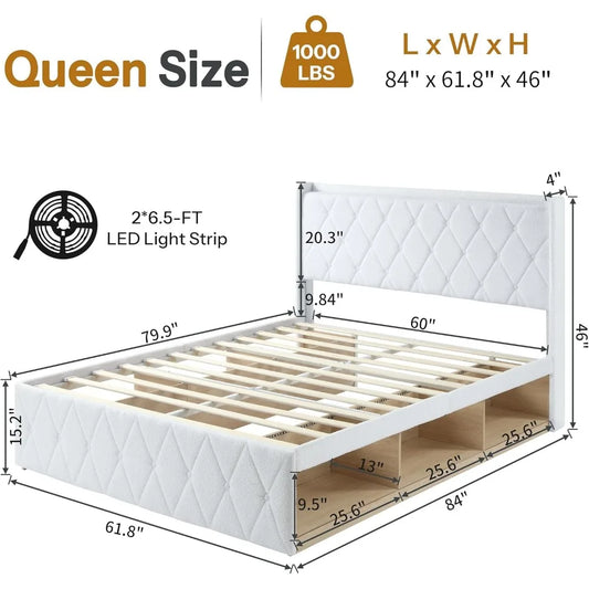 Bed Frame with Storage Cabinet and LED Lights