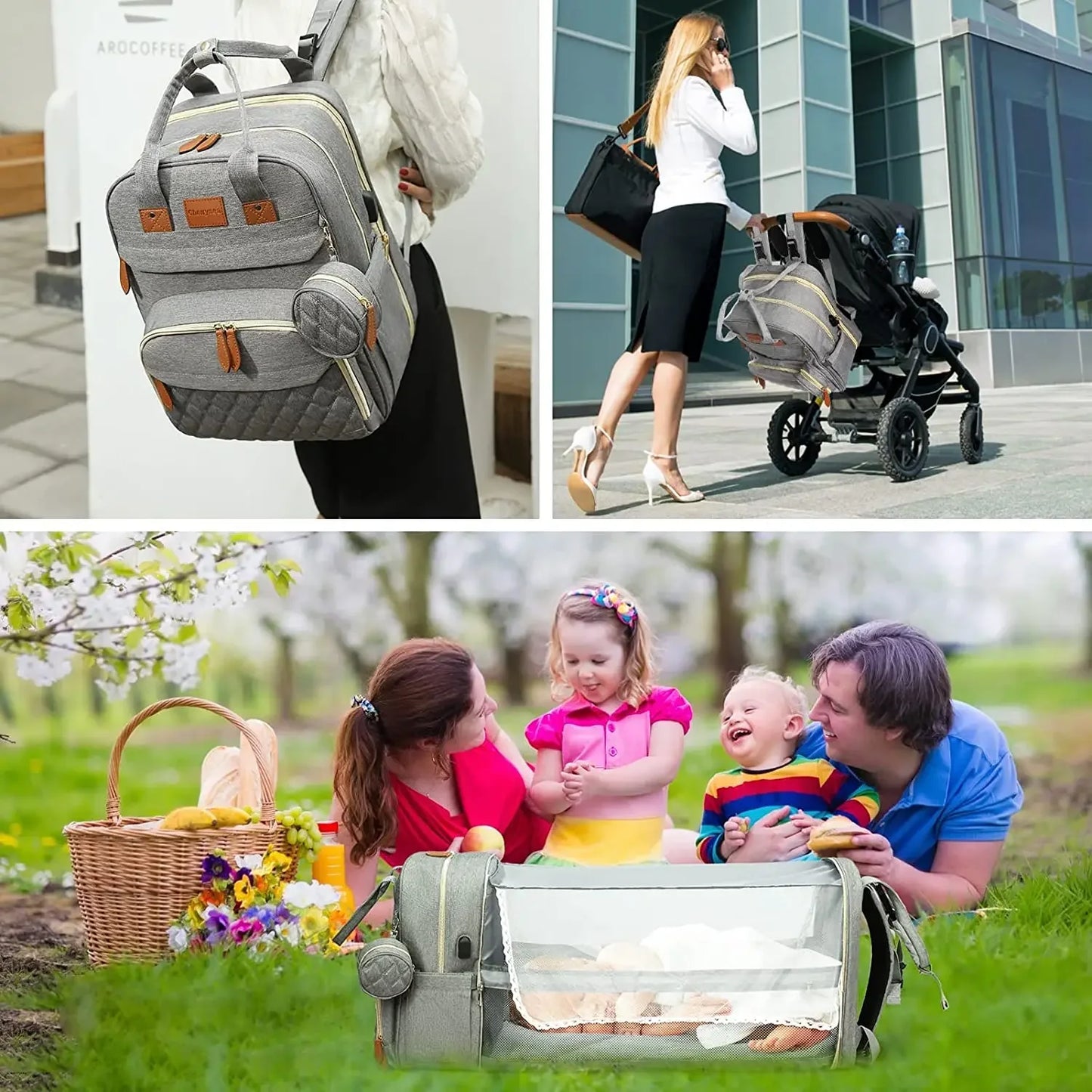 Diaper Bag Backpack with Foldable Baby Bed Waterproof