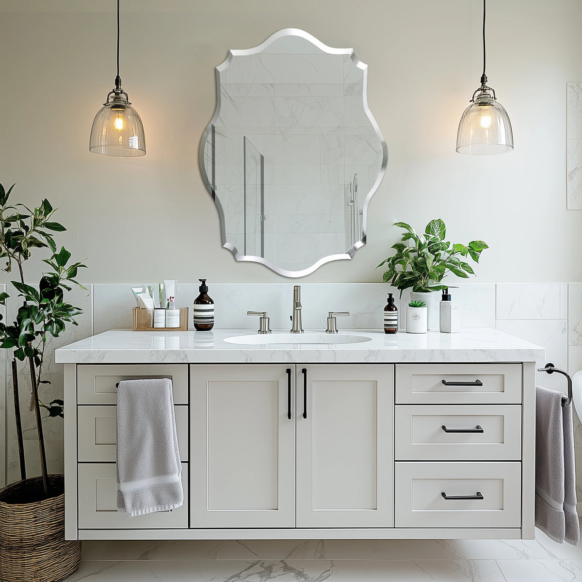 Wall Mirror Scalloped Frameless Beveled Edge Polished Mirror