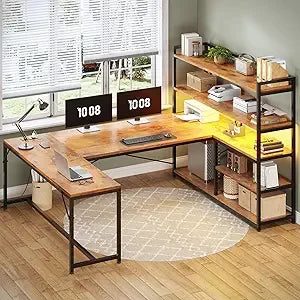 Desk with Storage Shelves and LED Lights for L-Shaped Office Setup