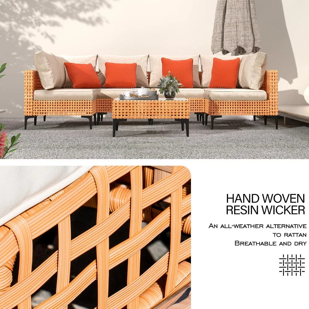 Outdoor Modular Wicker Sectional Sofa with Cushions and Table Patio Furniture Set