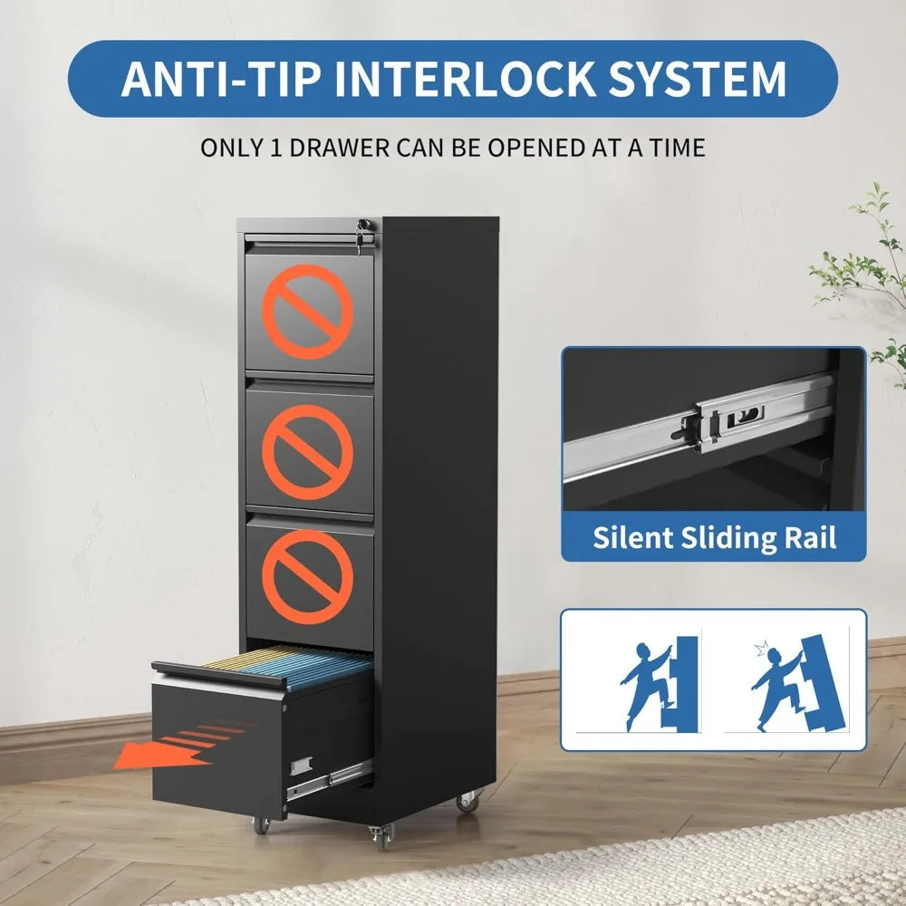 4 Drawer Mobile File Cabinet, Metal Filing Cabinet with Lock and Wheels, Home Office Rolling File Cabinets for Legal/Letter Hang