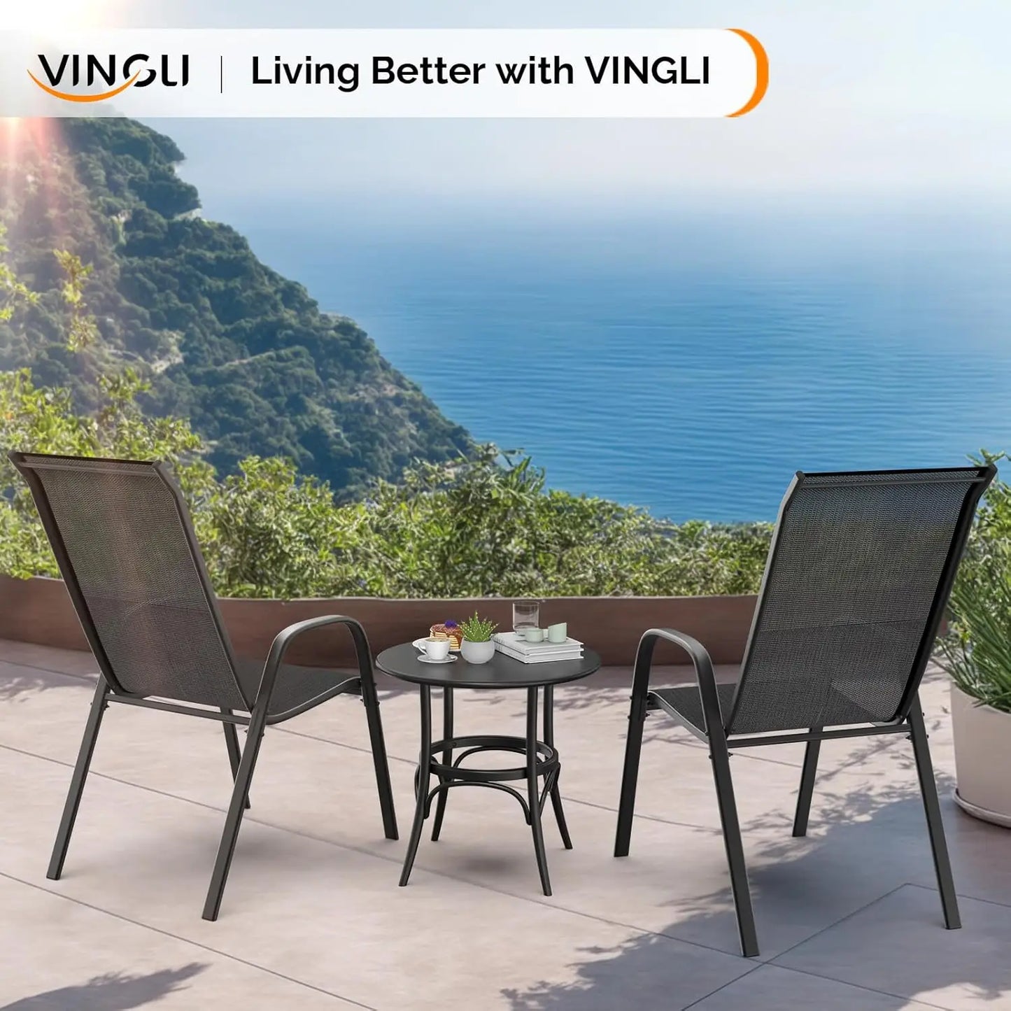 Stackable Outdoor with Comfortable Sling High Back Chairs and Armrests
