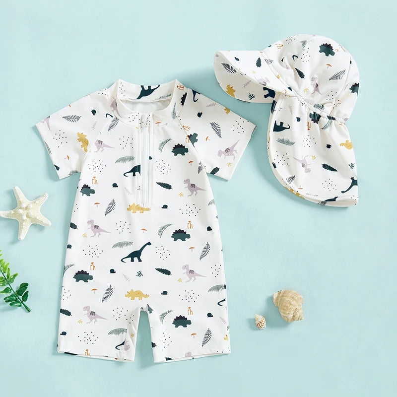 Dinosaur Print Rash Guard Swimsuit Set