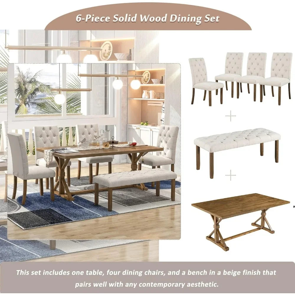Wooden Rectangular Dining Table Set with Upholstered Chairs and a Bench